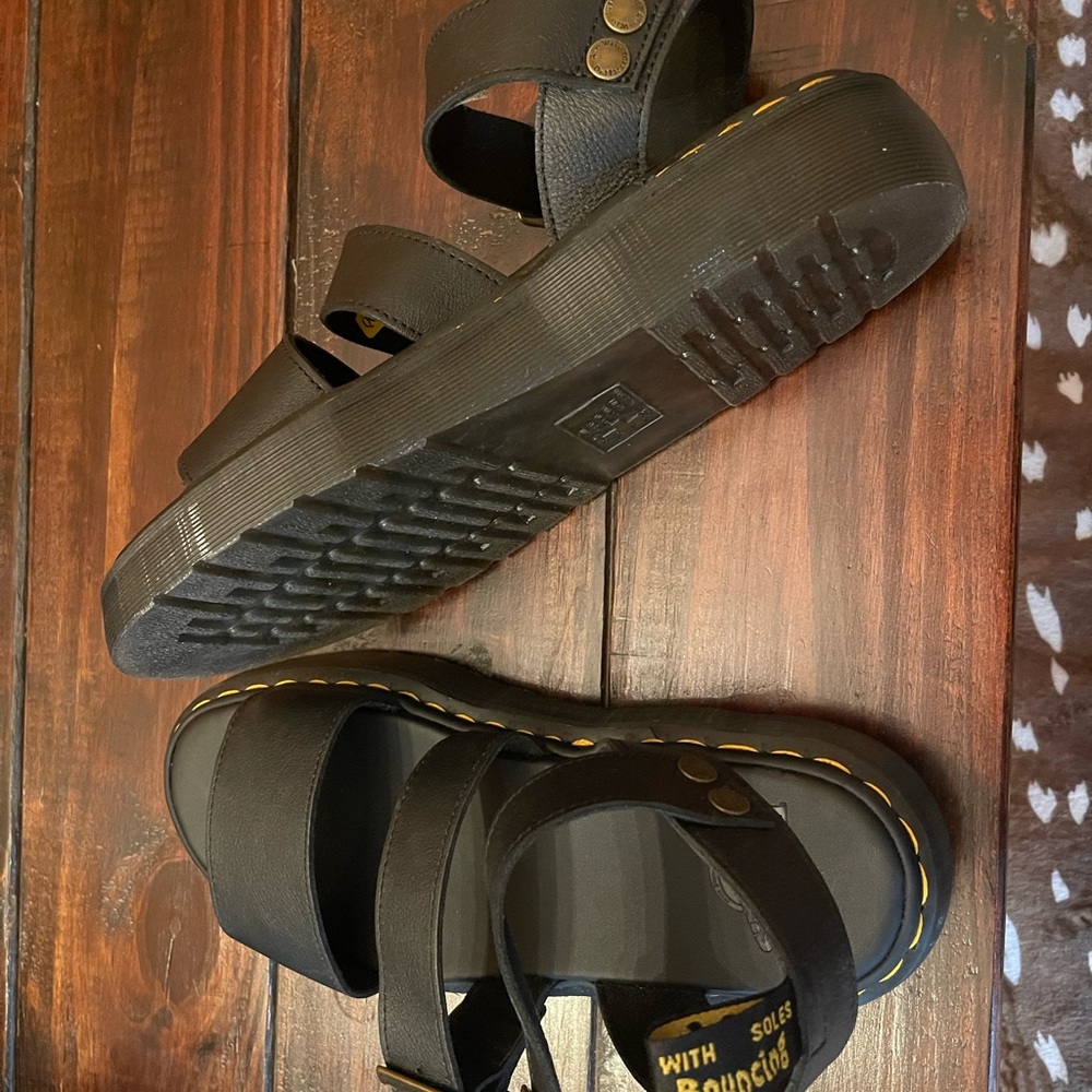 Dr. Martens Black Platform Slide Sandals with Yellow Stitching